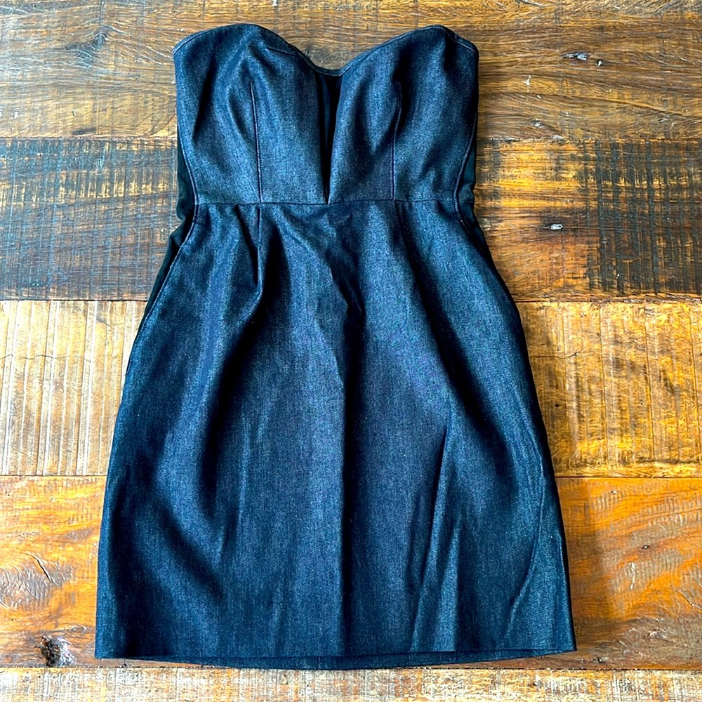 Rag & Bone Strapless Indigo Denim Mini Dress Suede Sides + Pockets